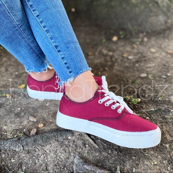 Burgundy Canvas Platform Lace Up Sneakers - Picture 3 of 4